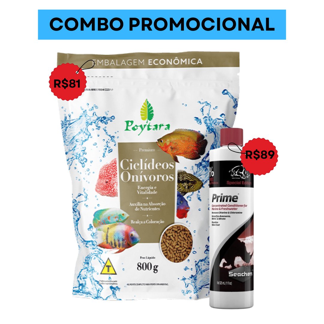 Ração Poytara Ciclídeos Onívoros 800g + Seachem Prime 325ml