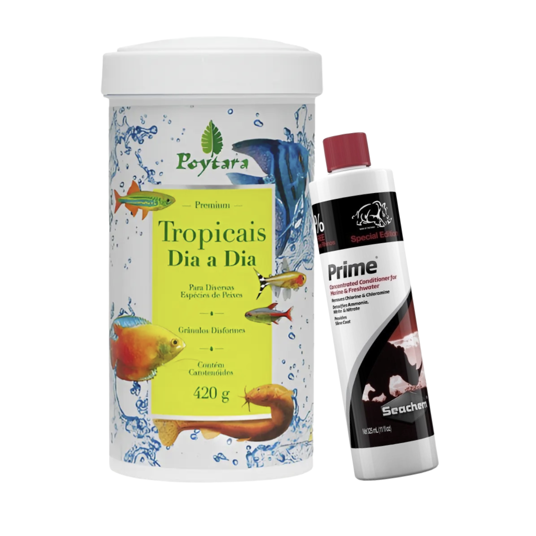 Ração poytara tropicais dia a dia 420g + prime 325ml condicionador seachem