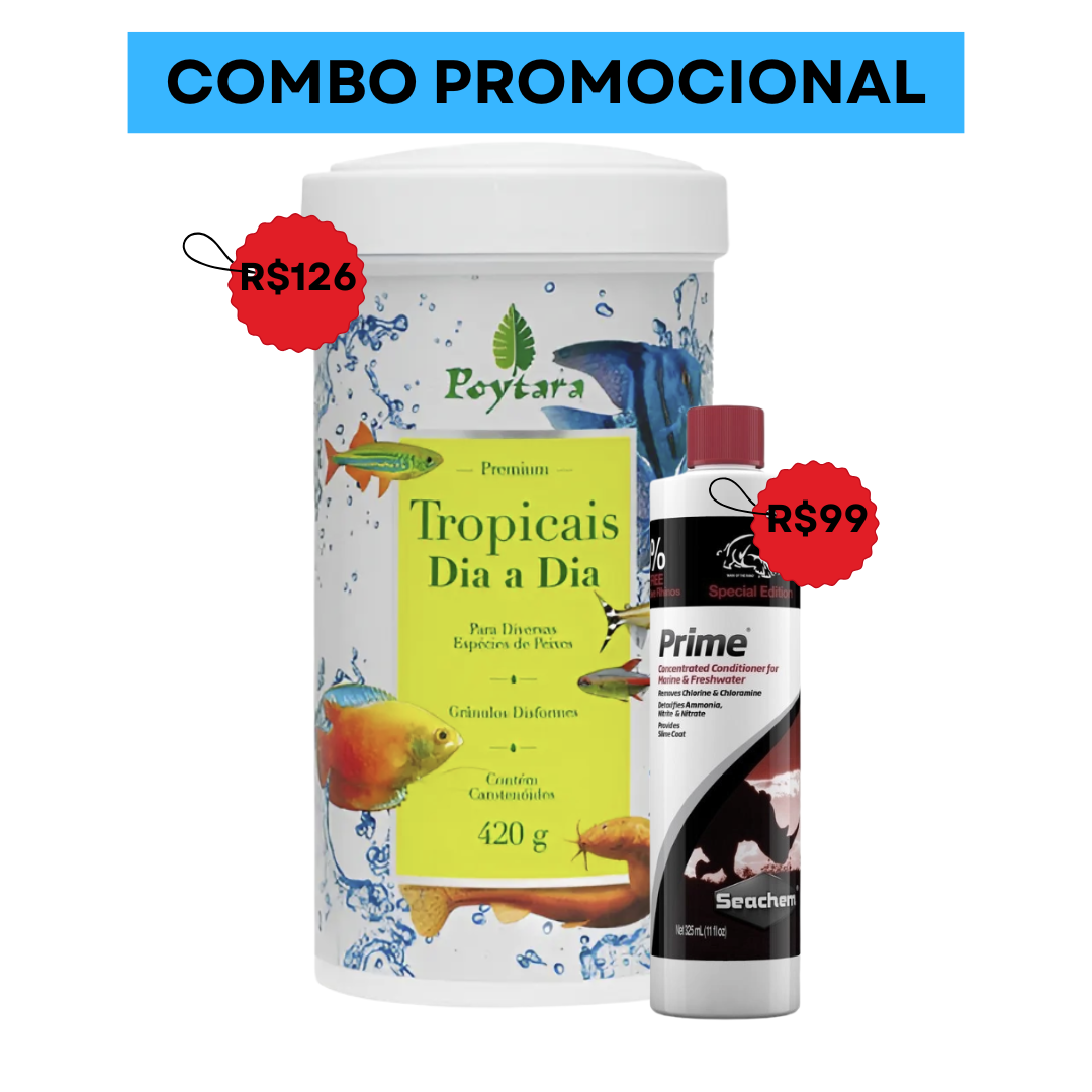 Ração poytara tropicais dia a dia 420g + prime 325ml condicionador seachem
