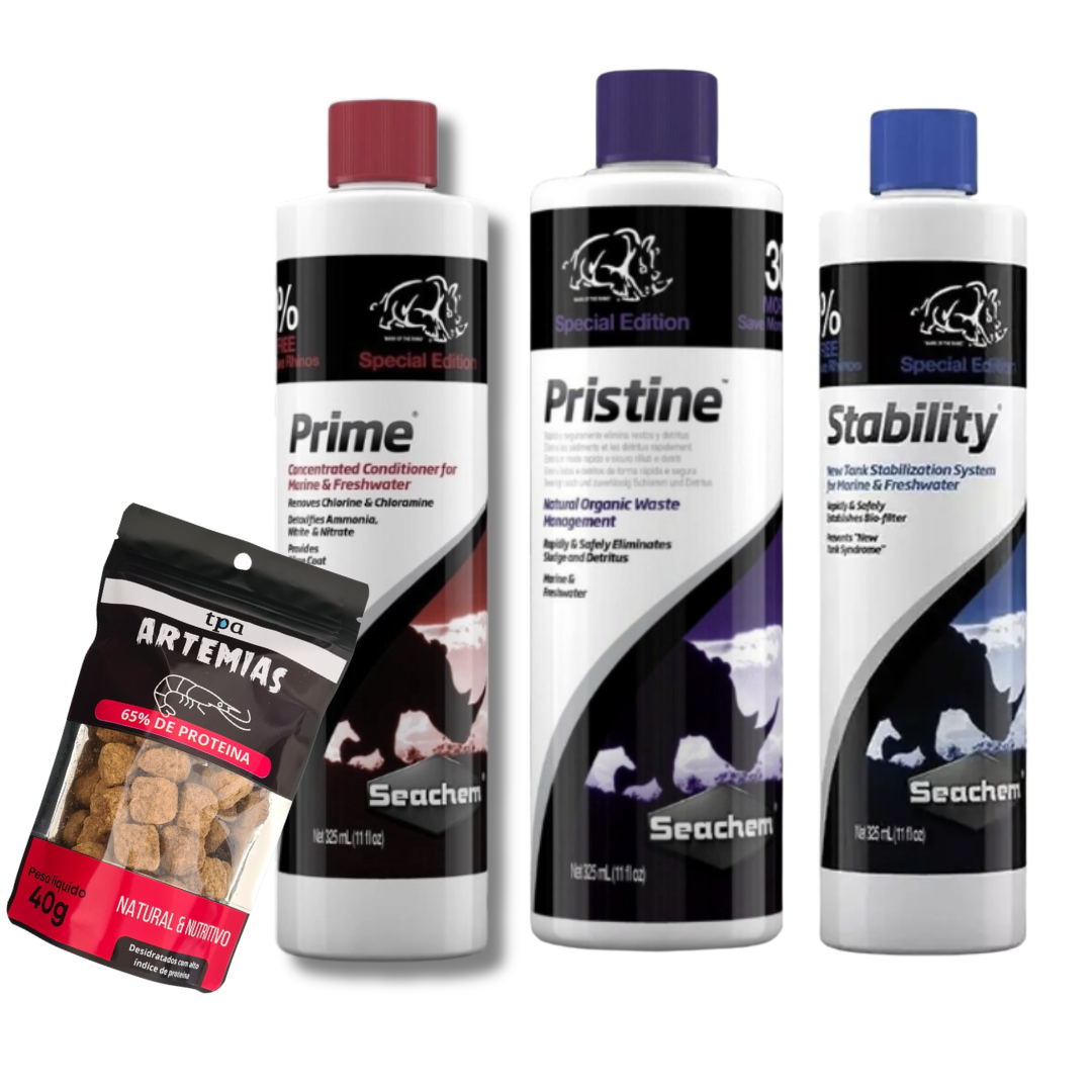 Ganhe 40g de artemias comprando 325ml prime + 325ml stability + 325ml pristine
